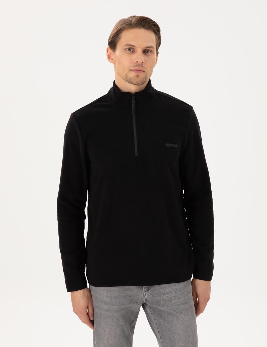 Siyah Regular Fit Yarım Fermuarlı Polar Sweatshirt