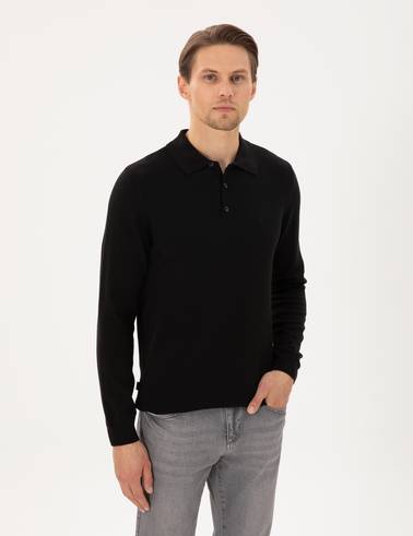 Siyah Slim Fit Polo Yaka Basic Triko Kazak