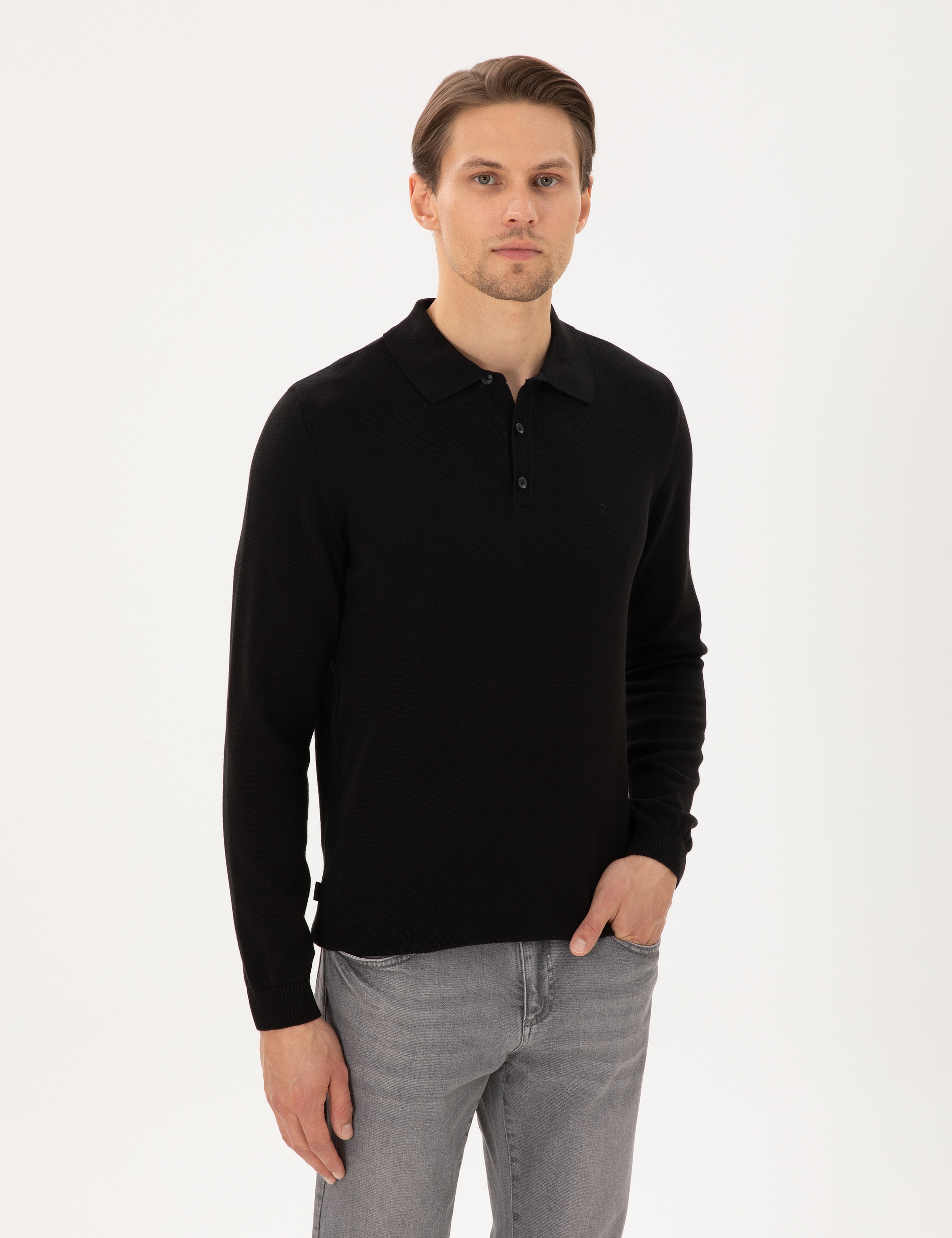 Siyah Slim Fit Polo Yaka Basic Triko Kazak - Image 1