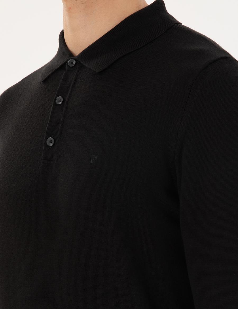 Siyah Slim Fit Polo Yaka Basic Triko Kazak
