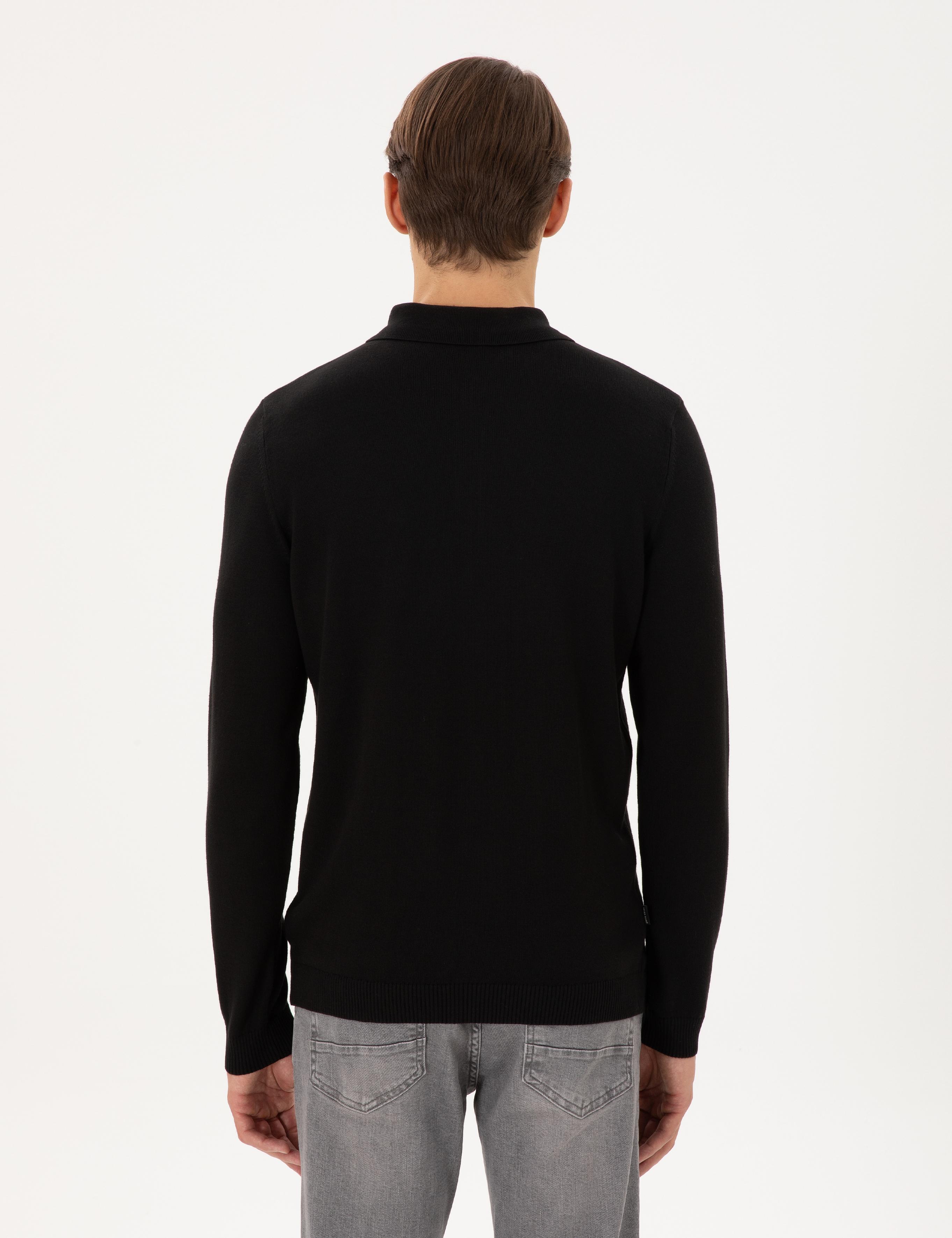 Siyah Slim Fit Polo Yaka Basic Triko Kazak