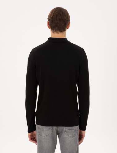 Siyah Slim Fit Polo Yaka Basic Triko Kazak
