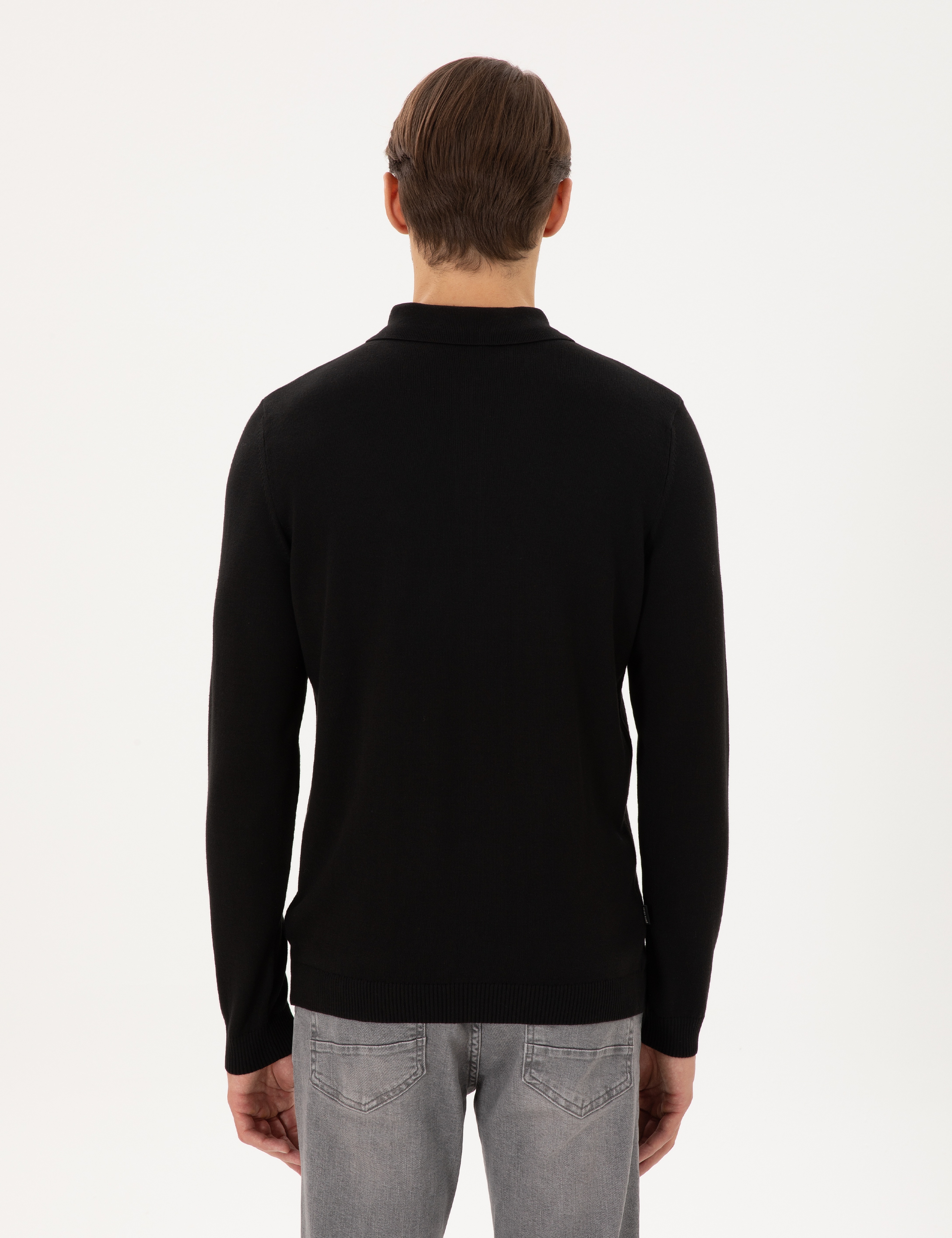 Siyah Slim Fit Polo Yaka Basic Triko Kazak - Image 5