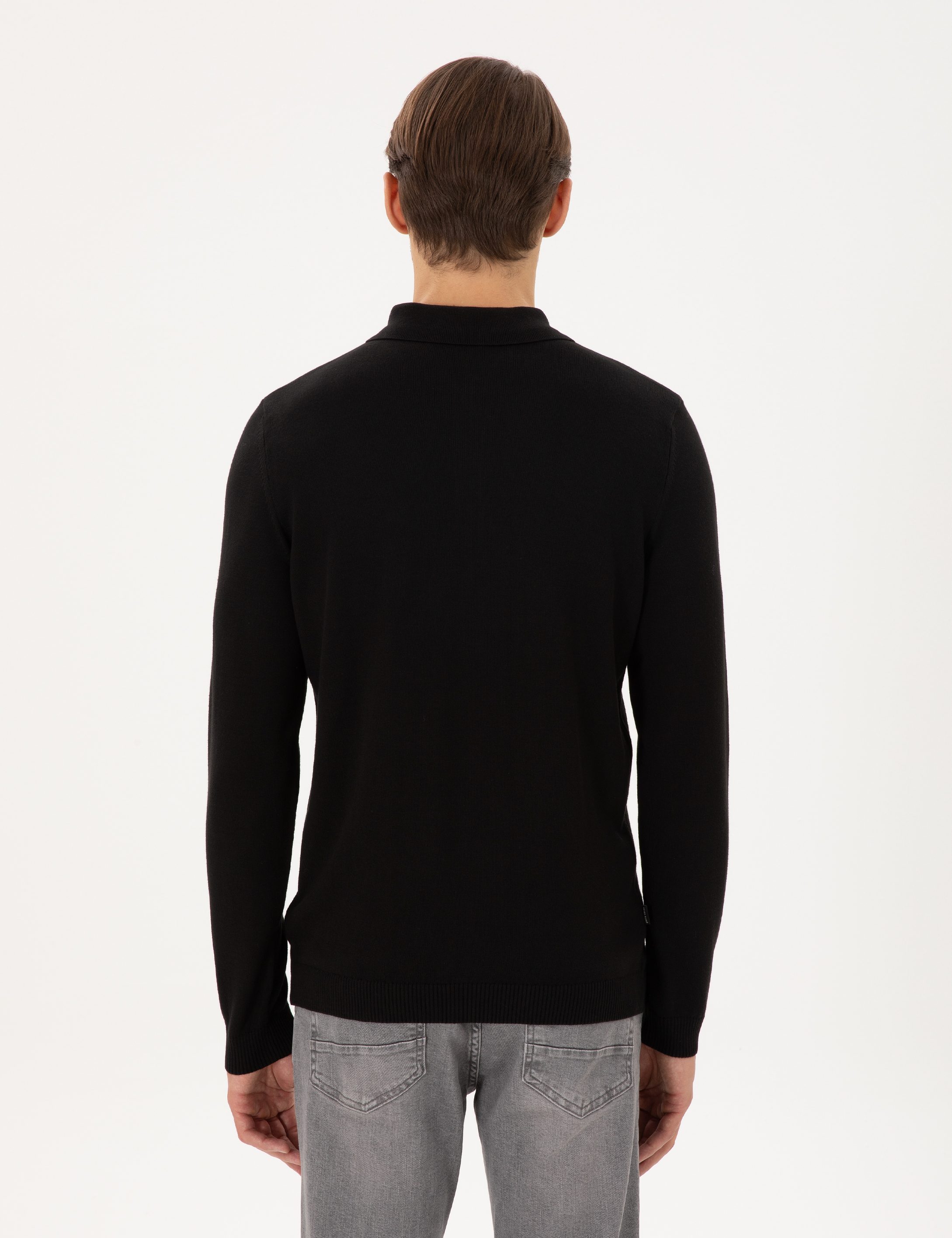 Siyah Slim Fit Polo Yaka Basic Triko Kazak