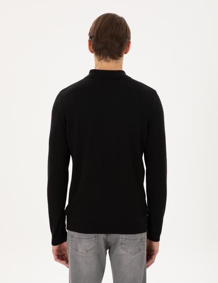 Siyah Slim Fit Polo Yaka Basic Triko Kazak - 50296584018