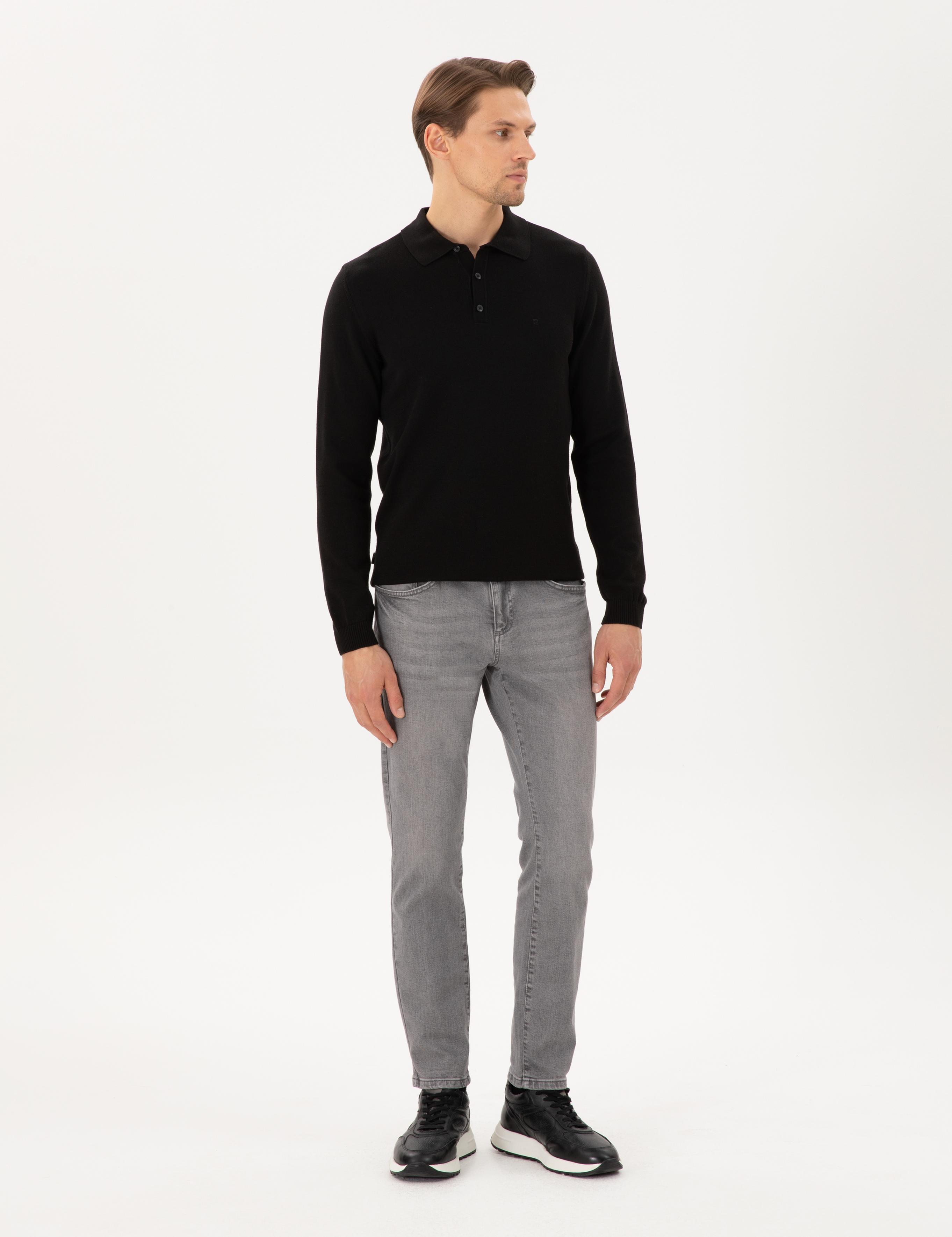 Siyah Slim Fit Polo Yaka Basic Triko Kazak