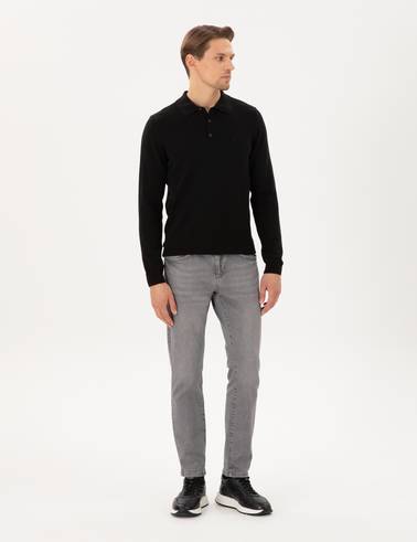 Siyah Slim Fit Polo Yaka Basic Triko Kazak