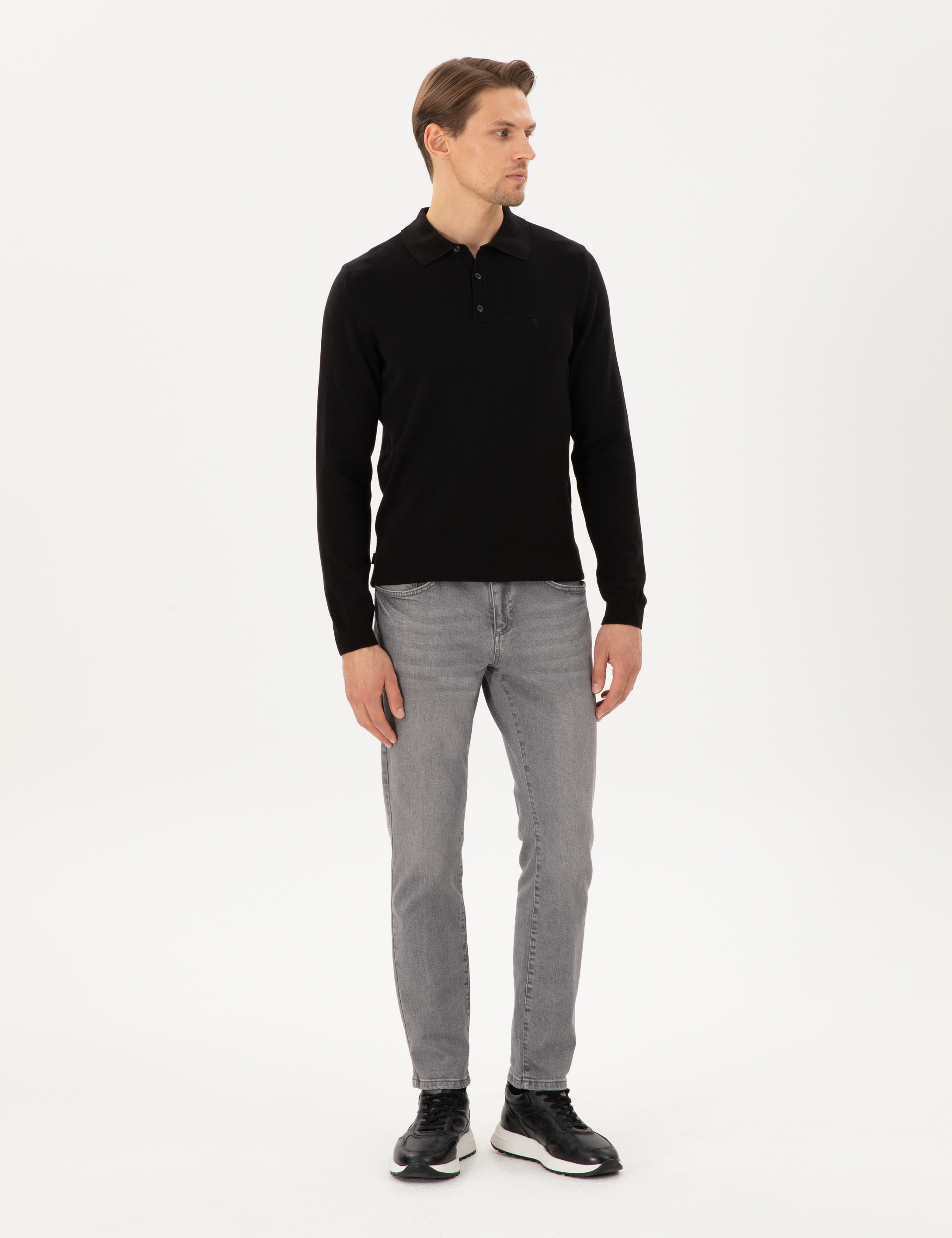 Siyah Slim Fit Polo Yaka Basic Triko Kazak - Image 4