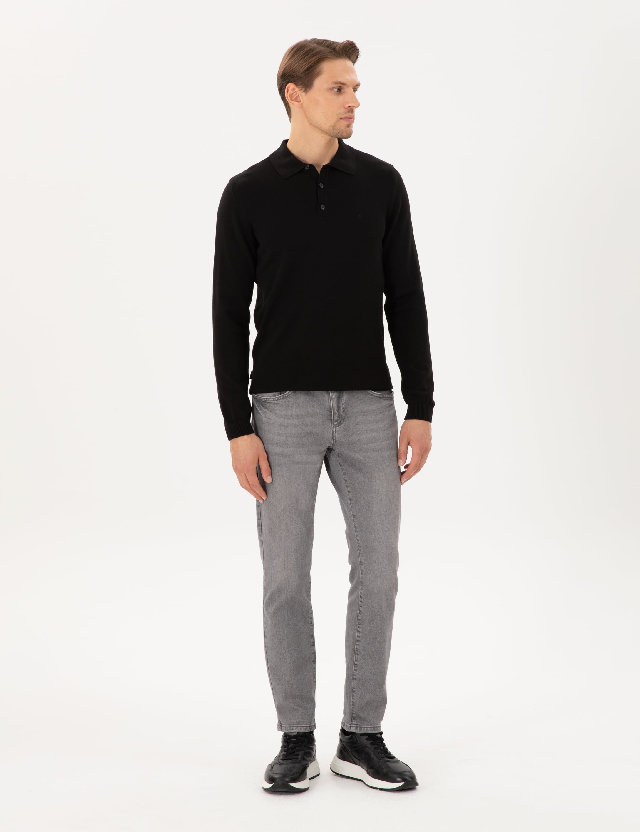 Siyah Slim Fit Polo Yaka Basic Triko Kazak