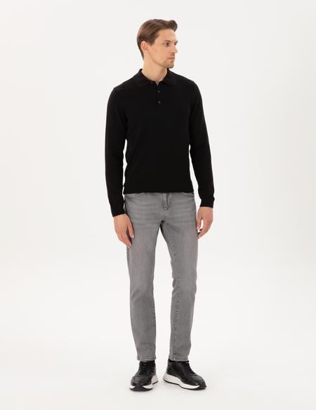 Siyah Slim Fit Polo Yaka Basic Triko Kazak - 50296584018