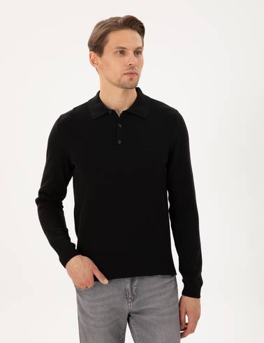 Siyah Slim Fit Polo Yaka Basic Triko Kazak