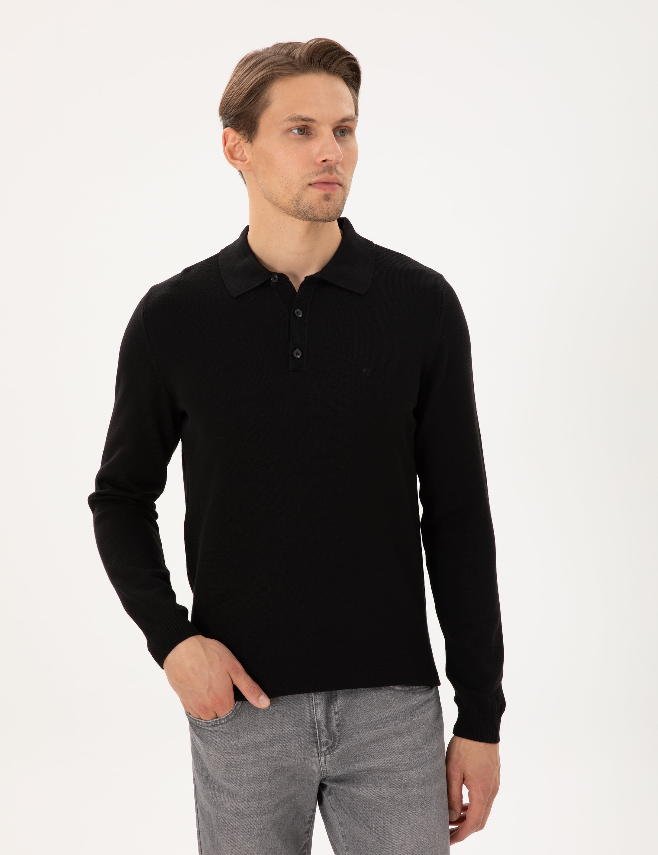 Siyah Slim Fit Polo Yaka Basic Triko Kazak