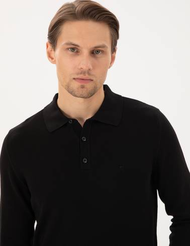 Siyah Slim Fit Polo Yaka Basic Triko Kazak