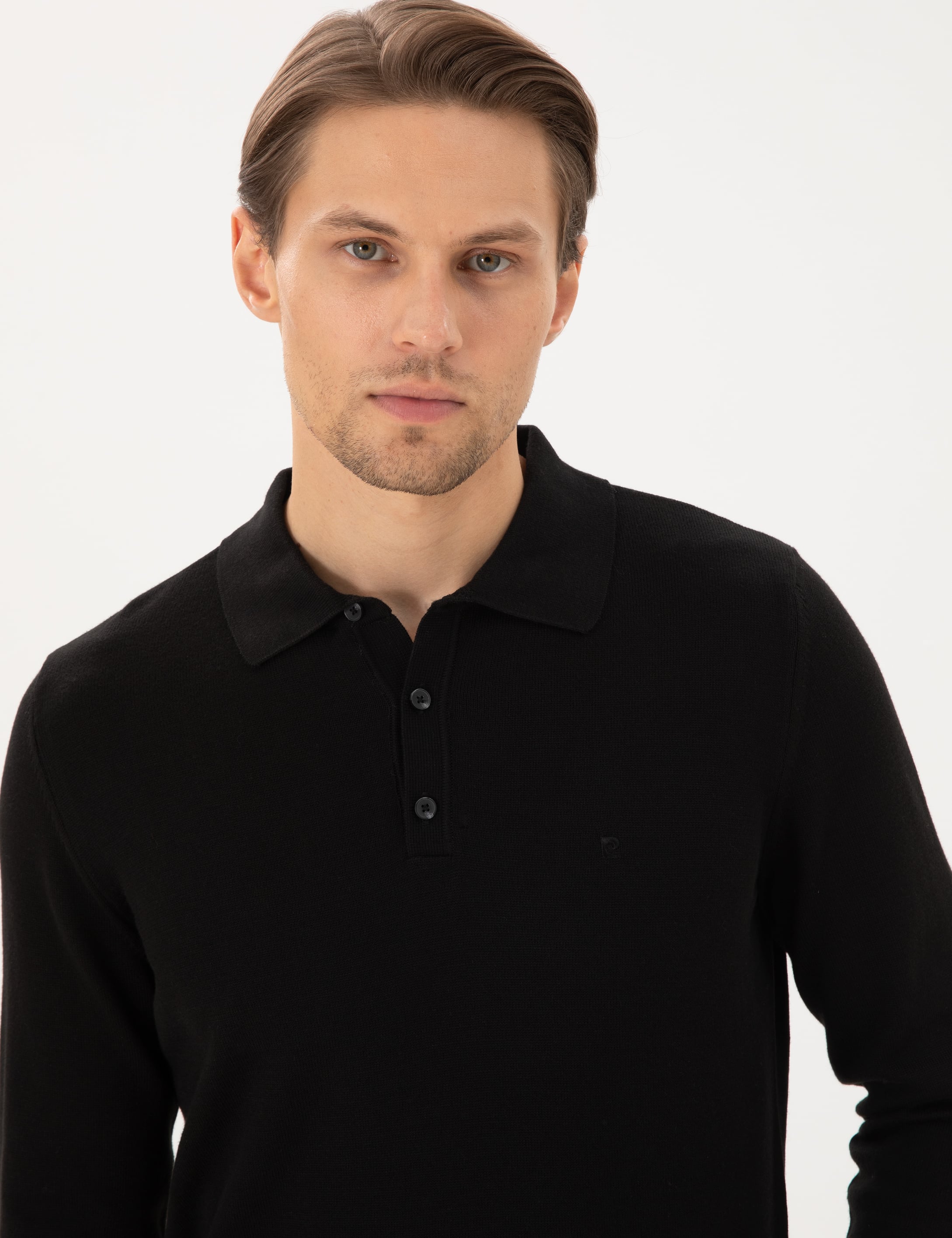 Siyah Slim Fit Polo Yaka Basic Triko Kazak