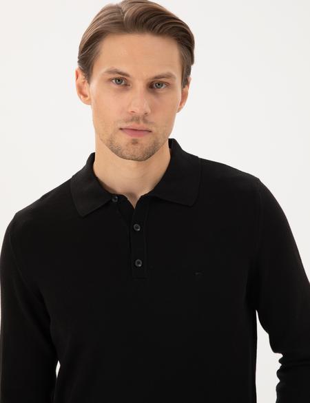 Siyah Slim Fit Polo Yaka Basic Triko Kazak - 50296584018