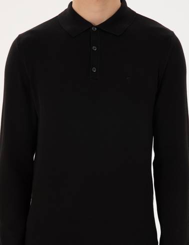 Siyah Slim Fit Polo Yaka Basic Triko Kazak
