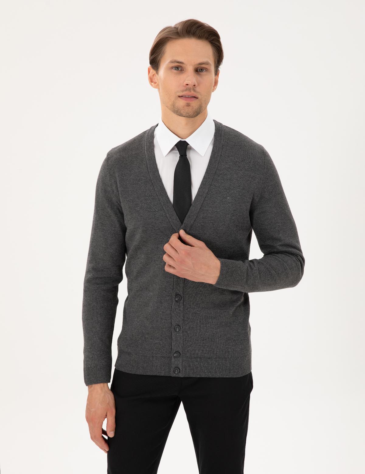 Gri Melanj Slim Fit Basic Düğmeli Triko Hırka