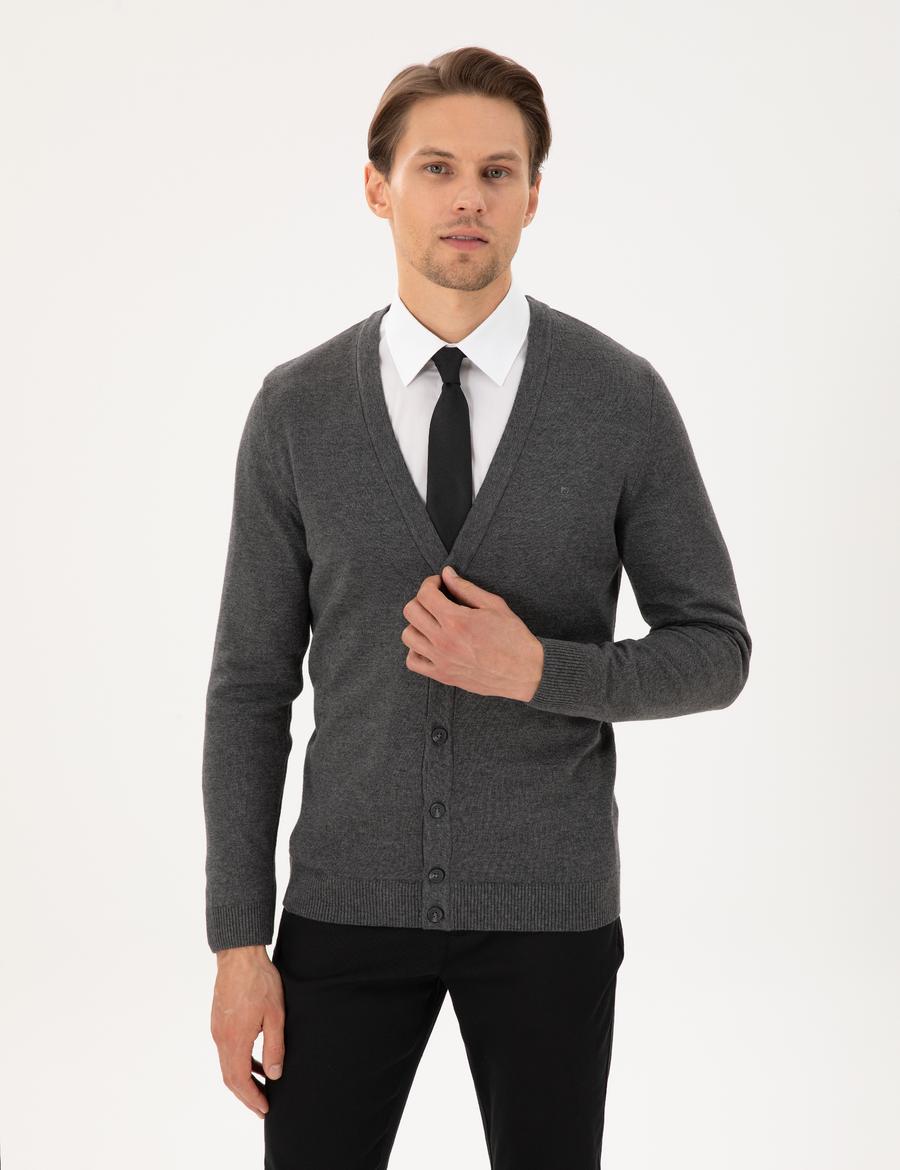 Gri Melanj Slim Fit Basic Düğmeli Triko Hırka