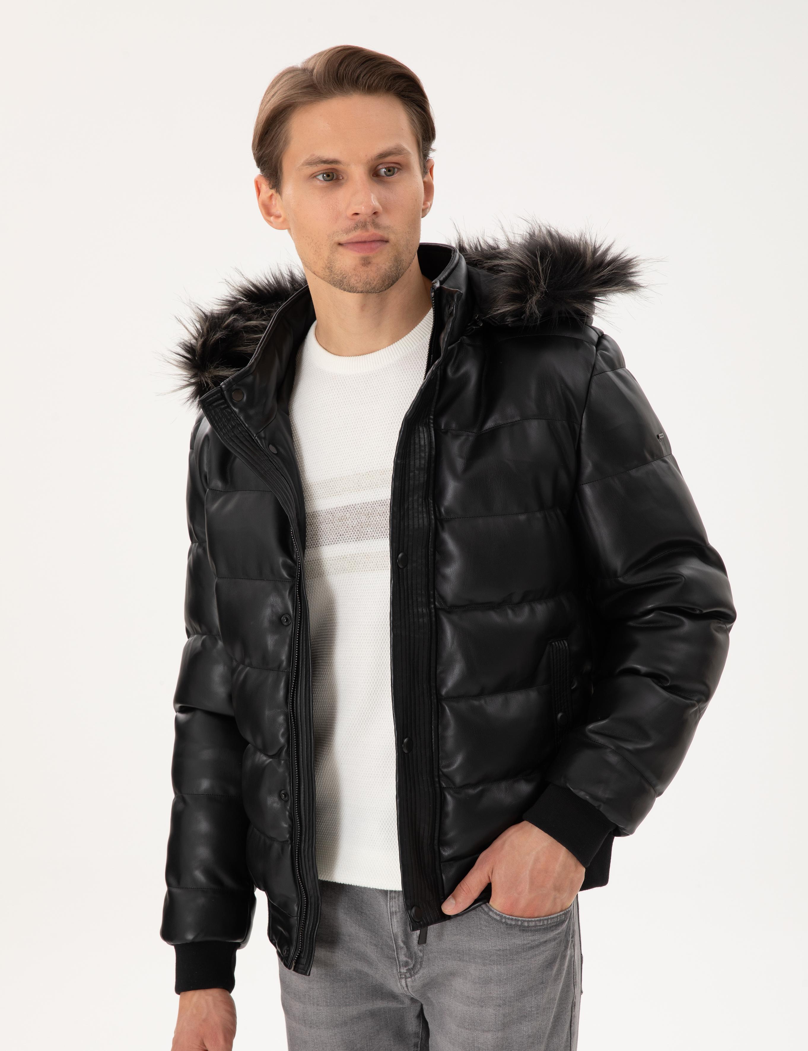 Siyah Kapüşonlu Suni Deri Mont