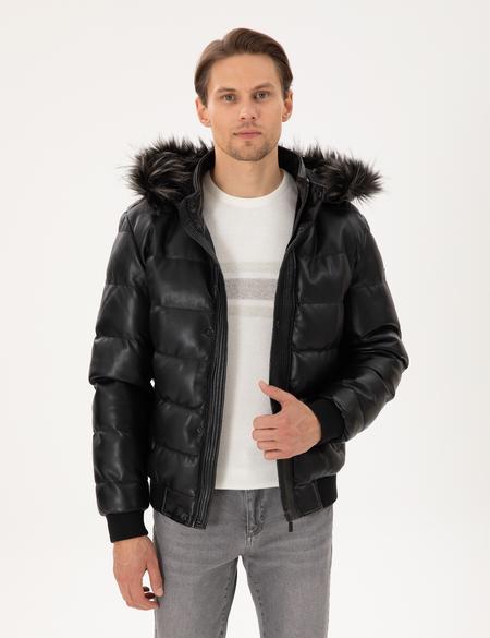 Siyah Kapüşonlu Suni Deri Mont - 50300556002