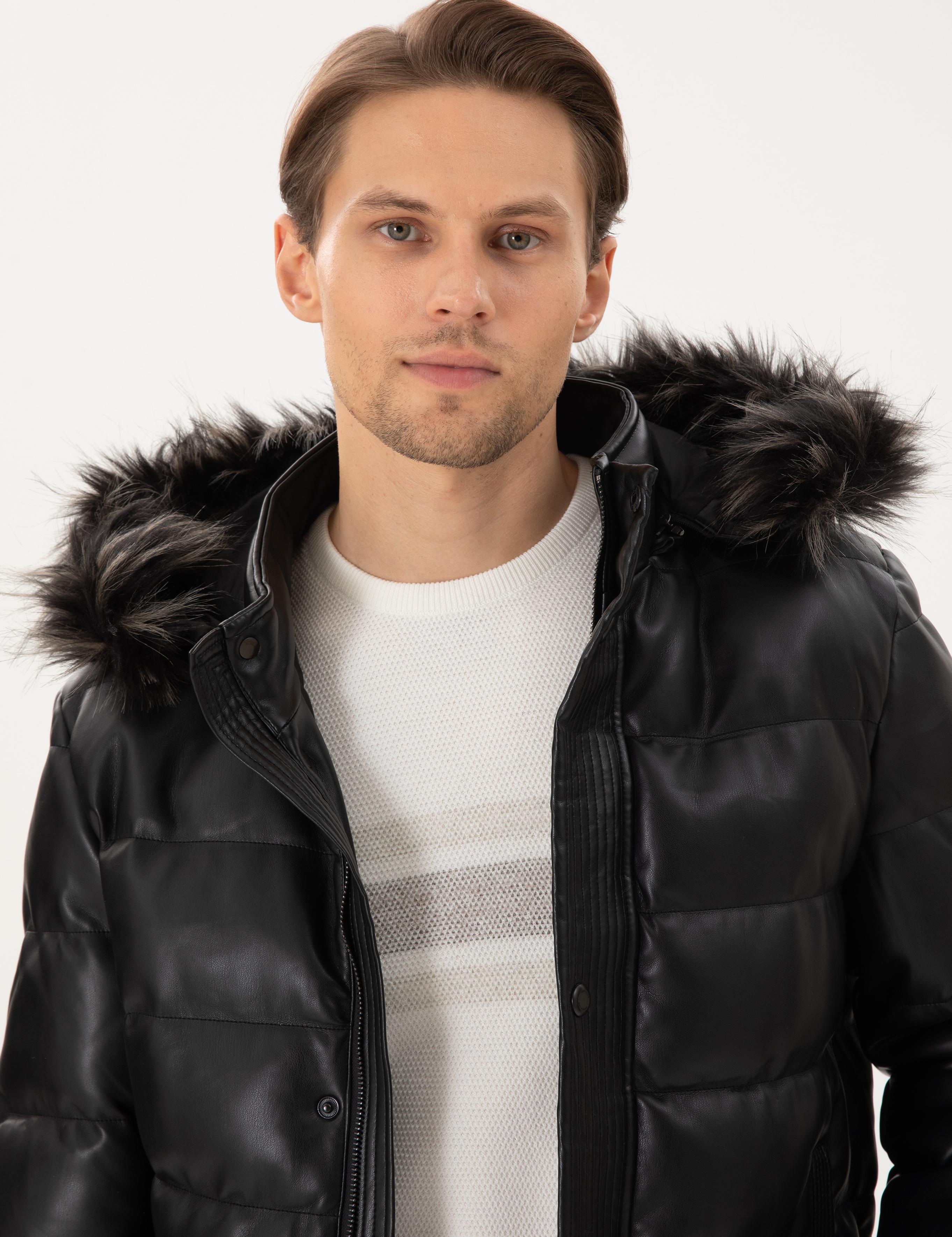 Siyah Kapüşonlu Suni Deri Mont