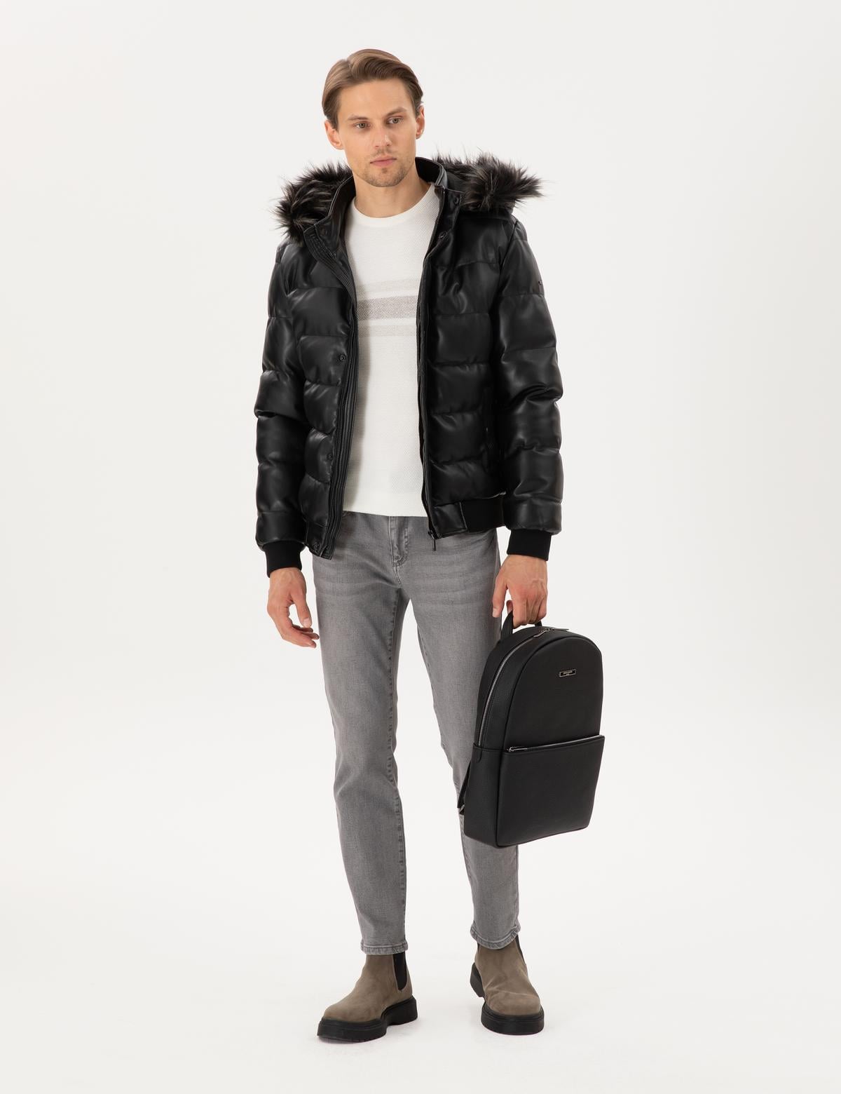 Siyah Kapüşonlu Suni Deri Mont - 50300556002