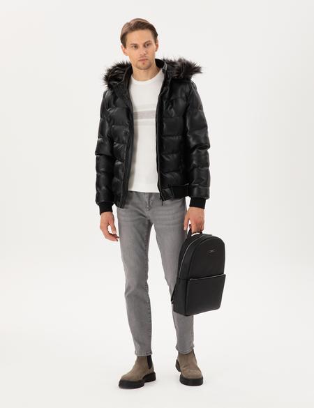 Siyah Kapüşonlu Suni Deri Mont - 50300556002