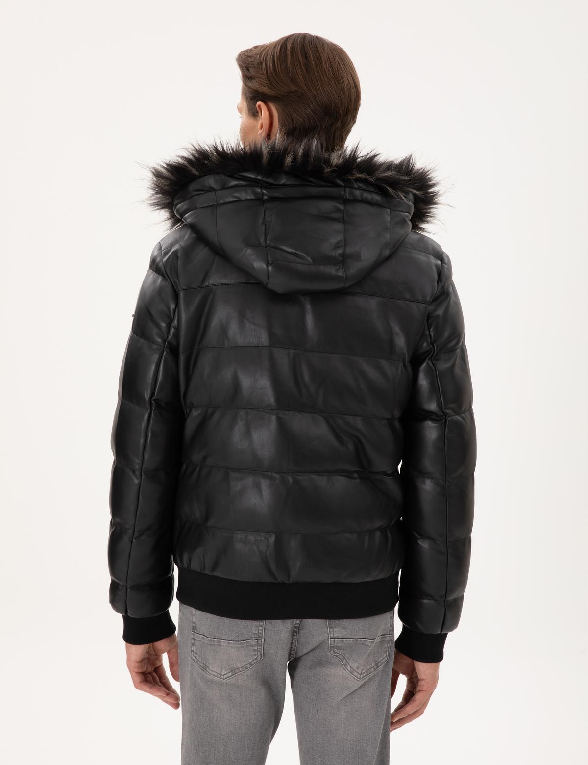 Siyah Kapüşonlu Suni Deri Mont - 50300556002