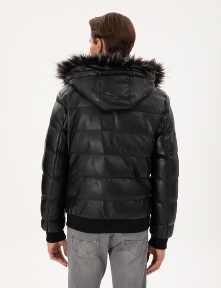 Siyah Kapüşonlu Suni Deri Mont - 50300556002