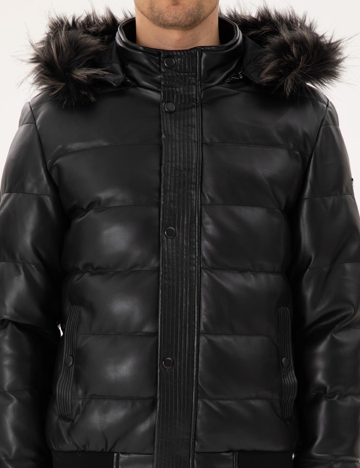 Siyah Kapüşonlu Suni Deri Mont - 50300556002