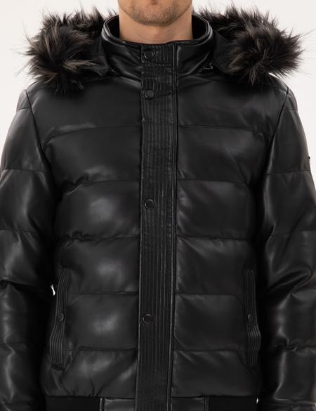 Siyah Kapüşonlu Suni Deri Mont - 50300556002