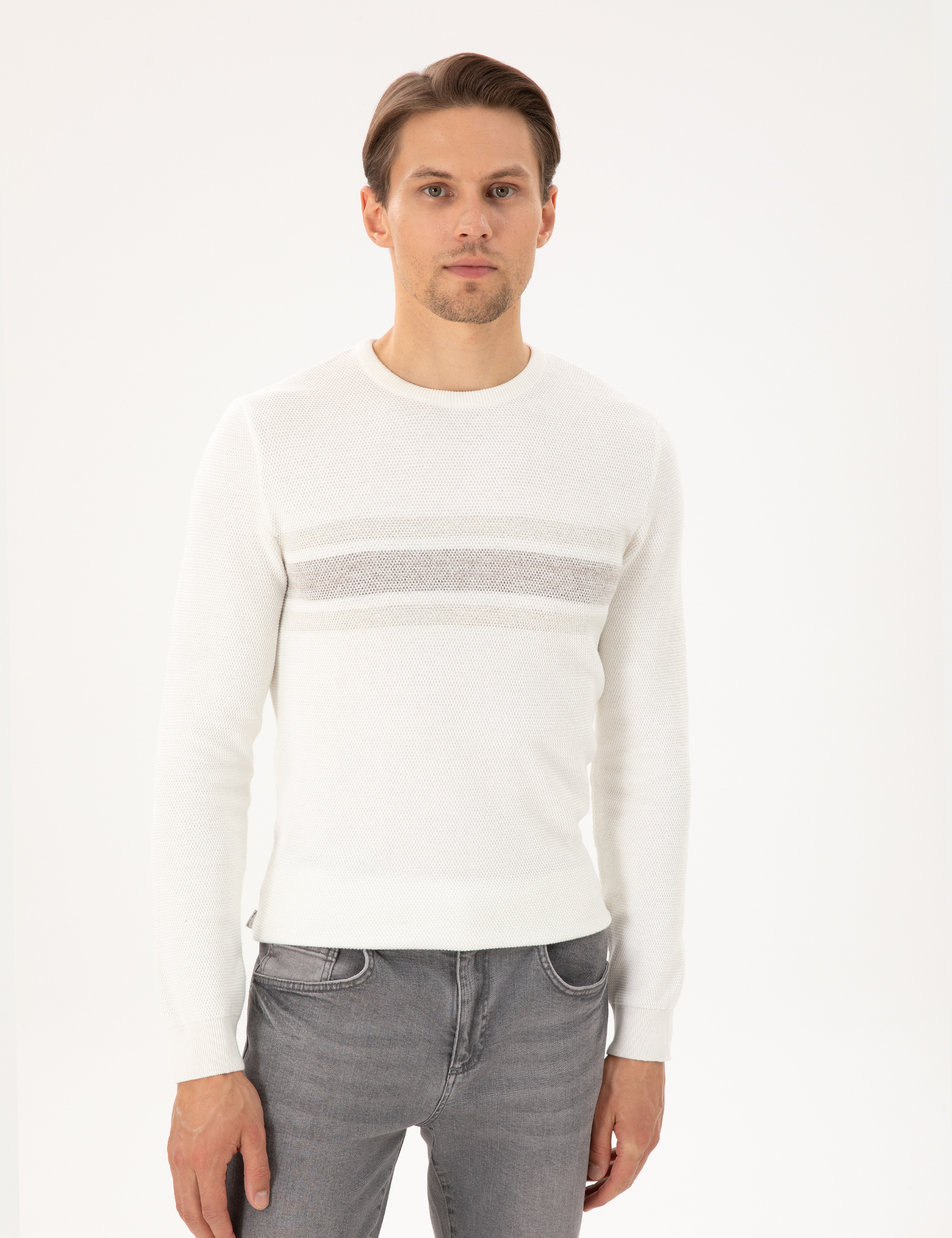 Ekru Slim Fit Bisiklet Yaka Triko Kazak - Image 3