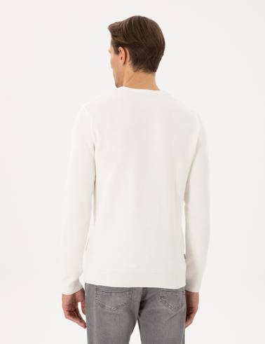 Ekru Slim Fit Bisiklet Yaka Triko Kazak