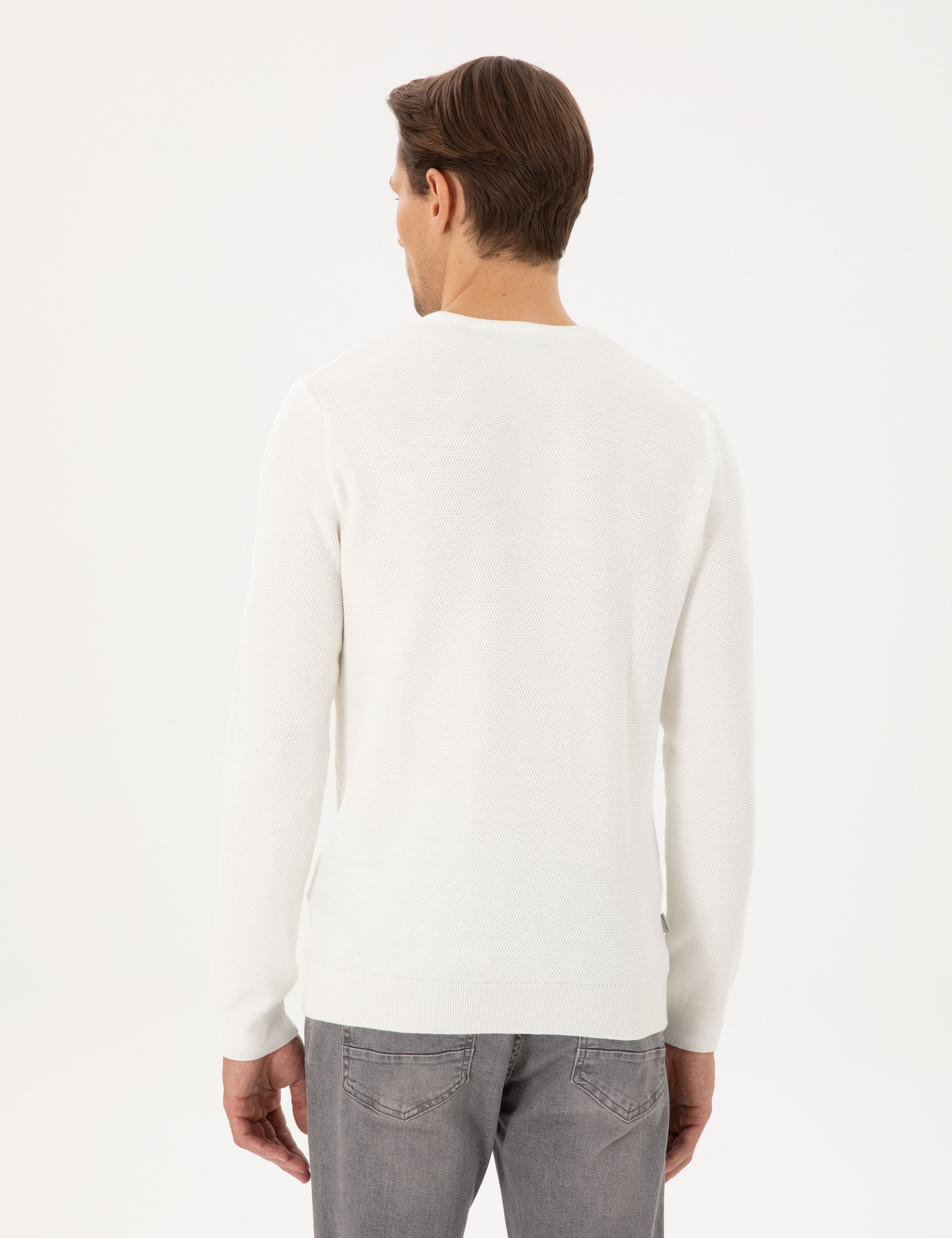 Ekru Slim Fit Bisiklet Yaka Triko Kazak - Image 5