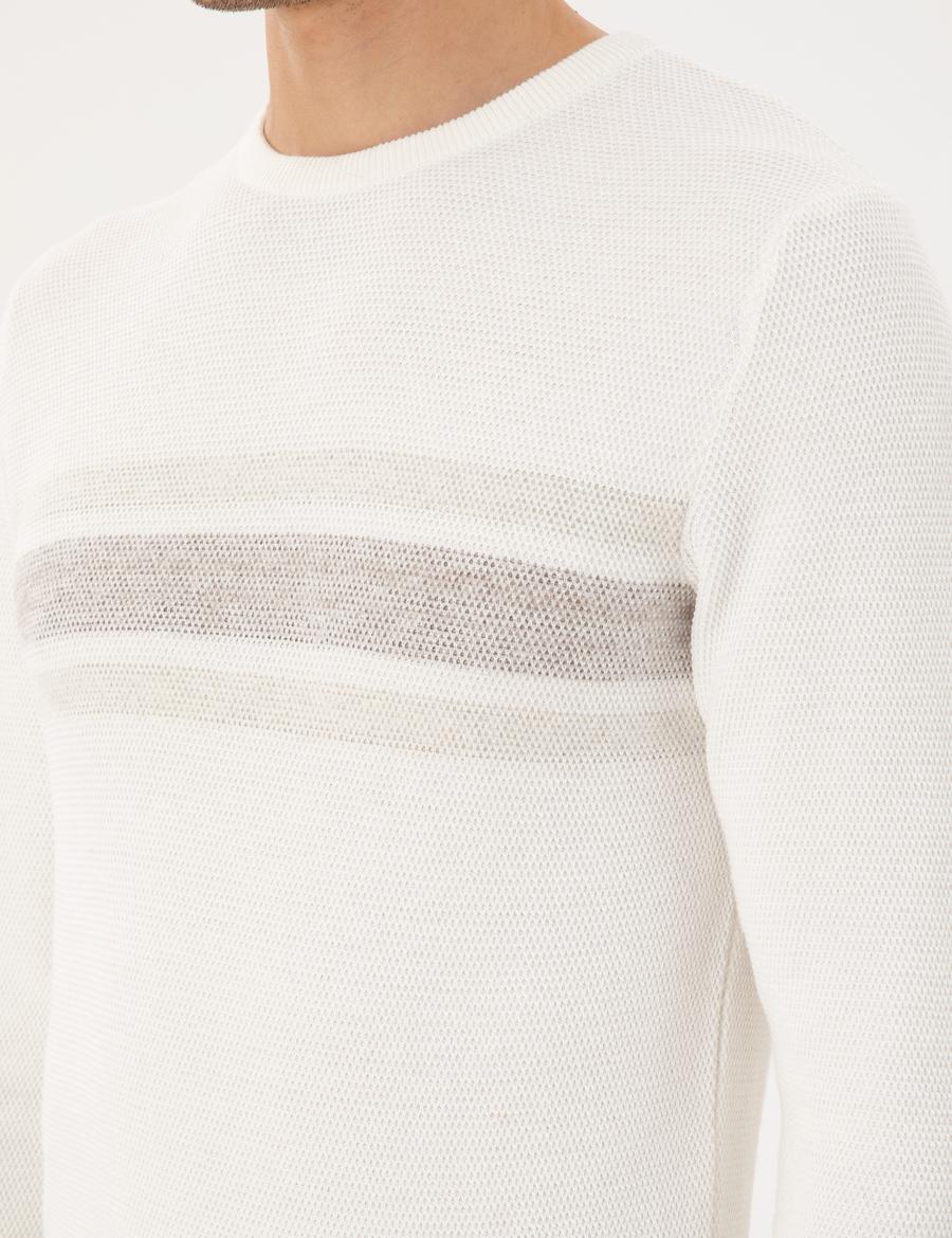 Ekru Slim Fit Bisiklet Yaka Triko Kazak