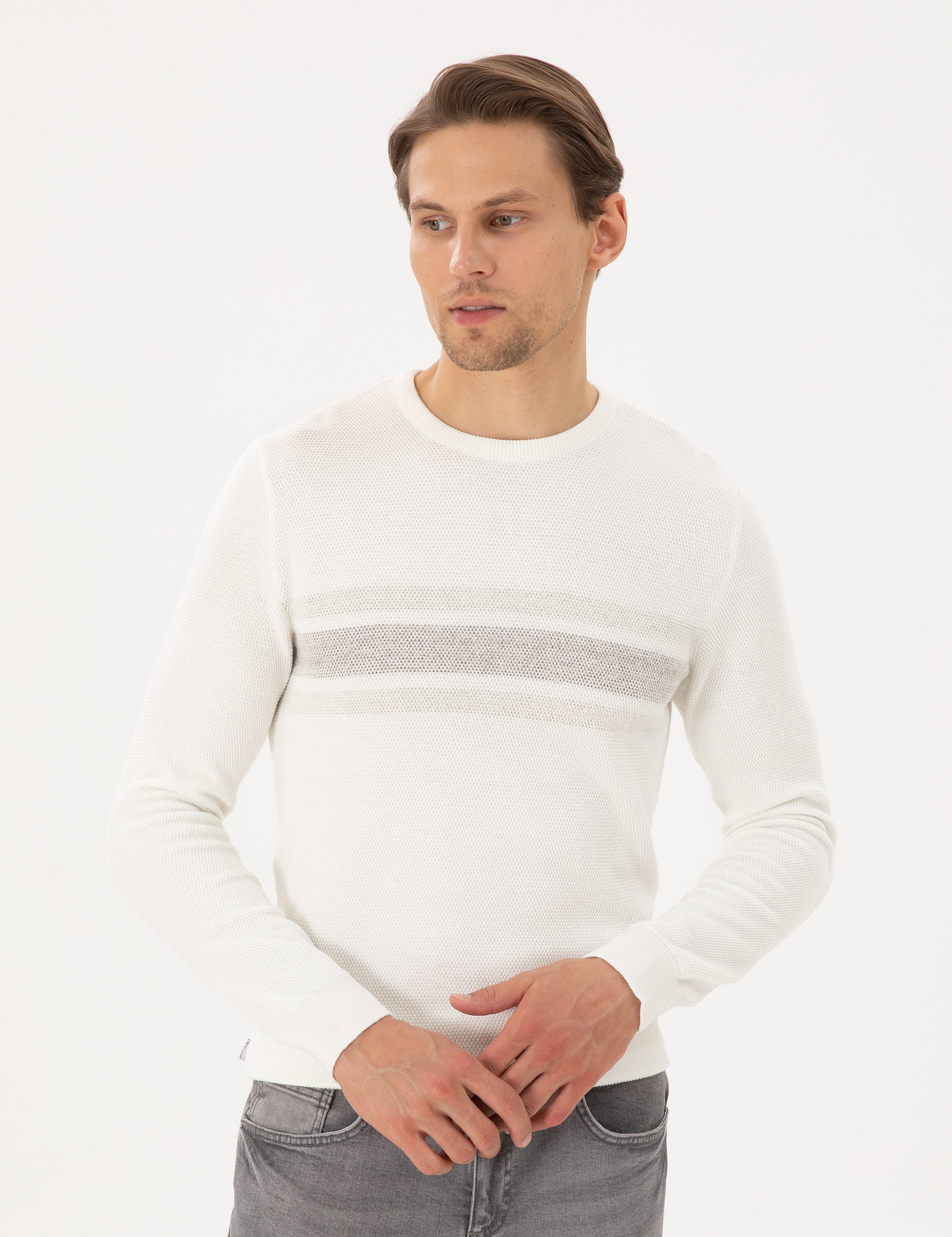 Ekru Slim Fit Bisiklet Yaka Triko Kazak - Image 1