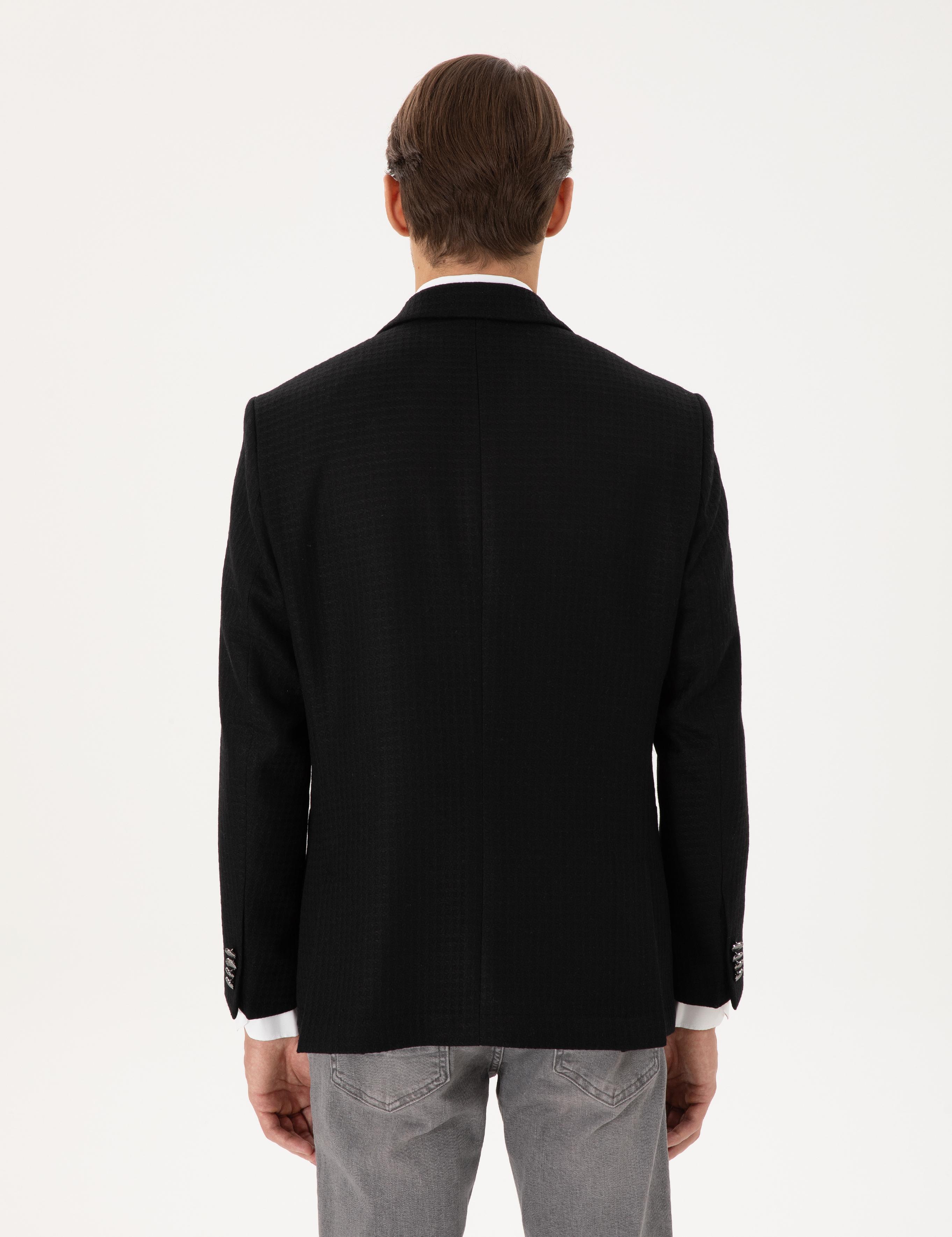 Siyah Yün Karışımlı Slim Fit Ceket