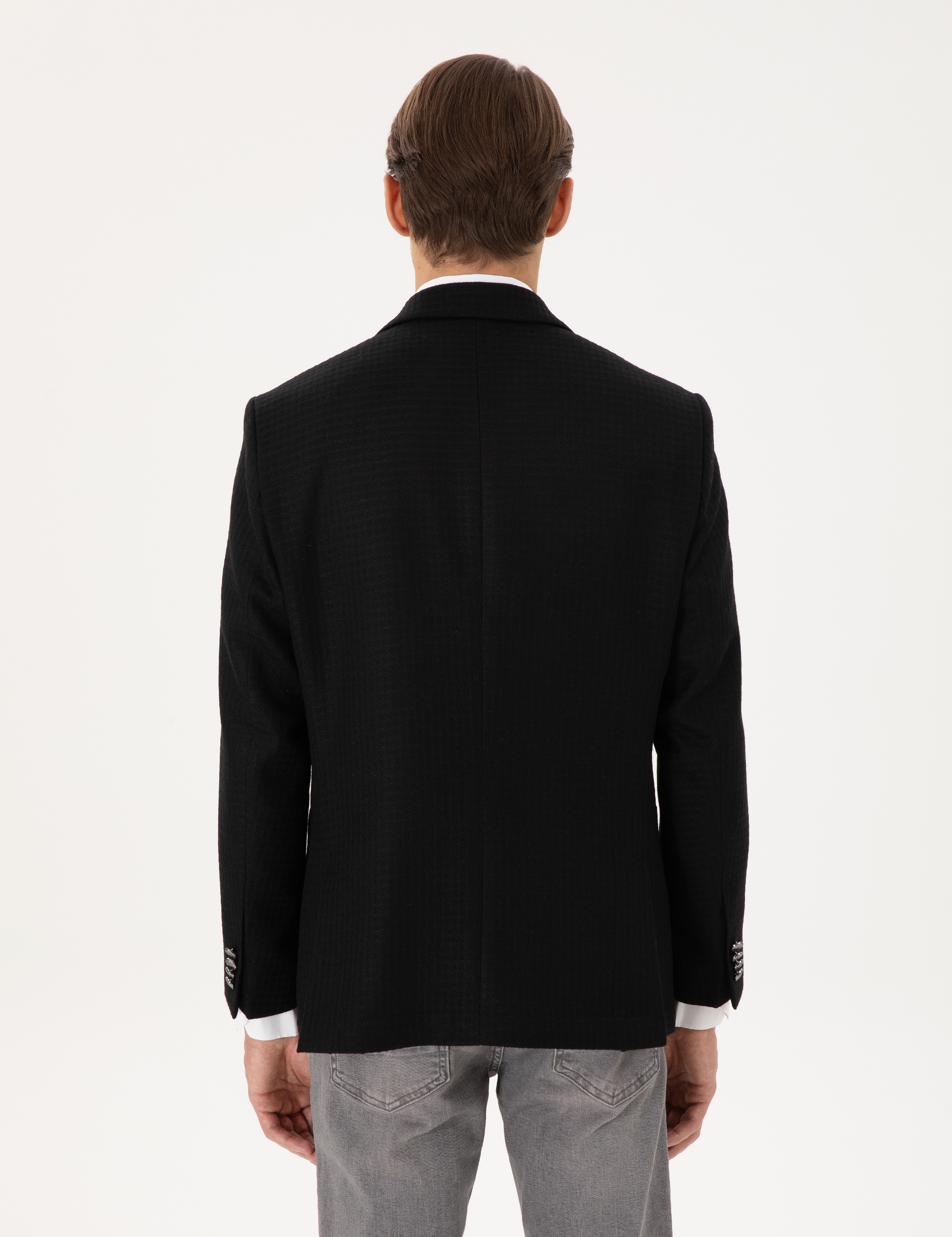Siyah Yün Karışımlı Slim Fit Ceket - Image 5