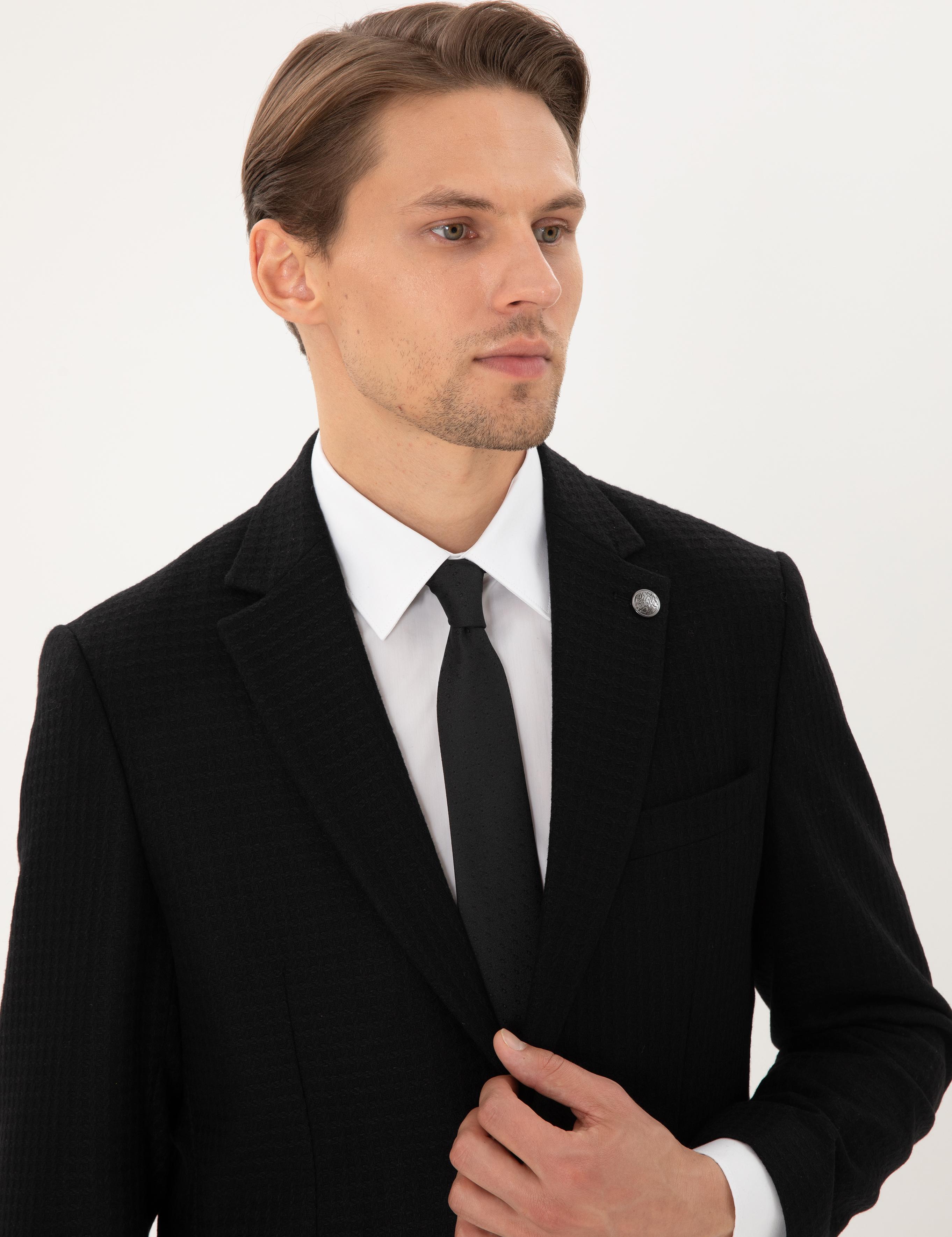 Siyah Yün Karışımlı Slim Fit Ceket