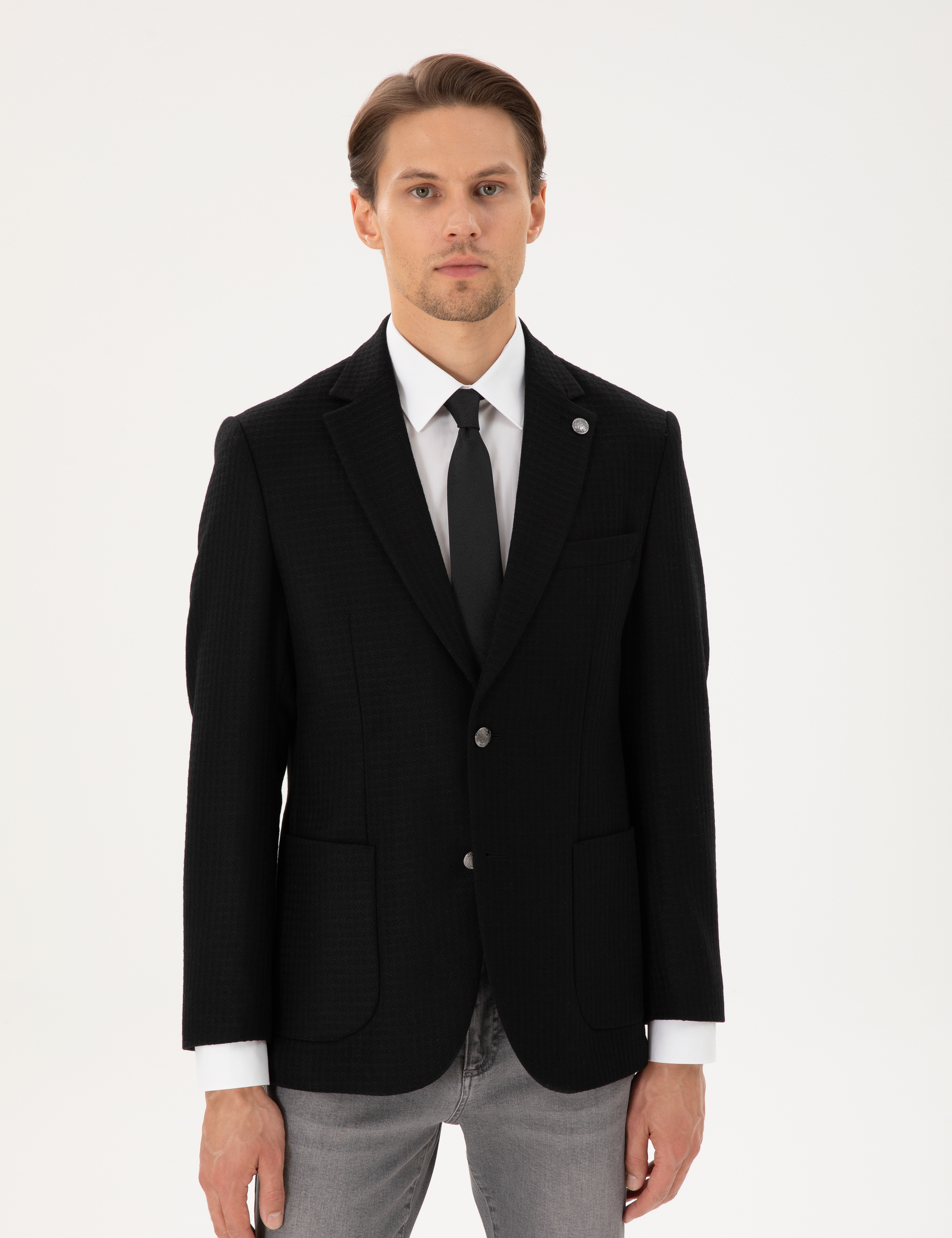 Siyah Yün Karışımlı Slim Fit Ceket