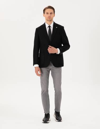 Siyah Yün Karışımlı Slim Fit Ceket
