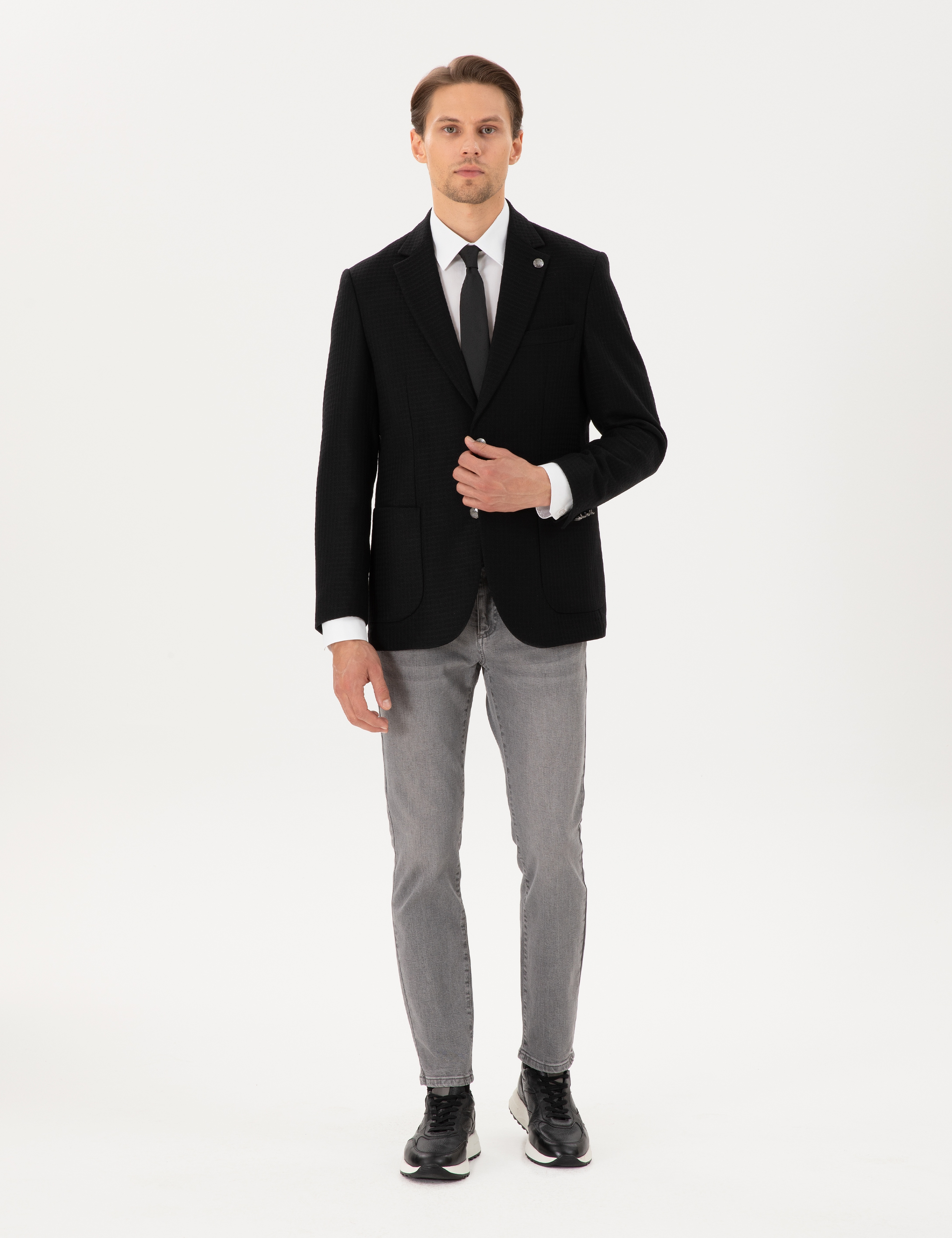 Siyah Yün Karışımlı Slim Fit Ceket - Image 4
