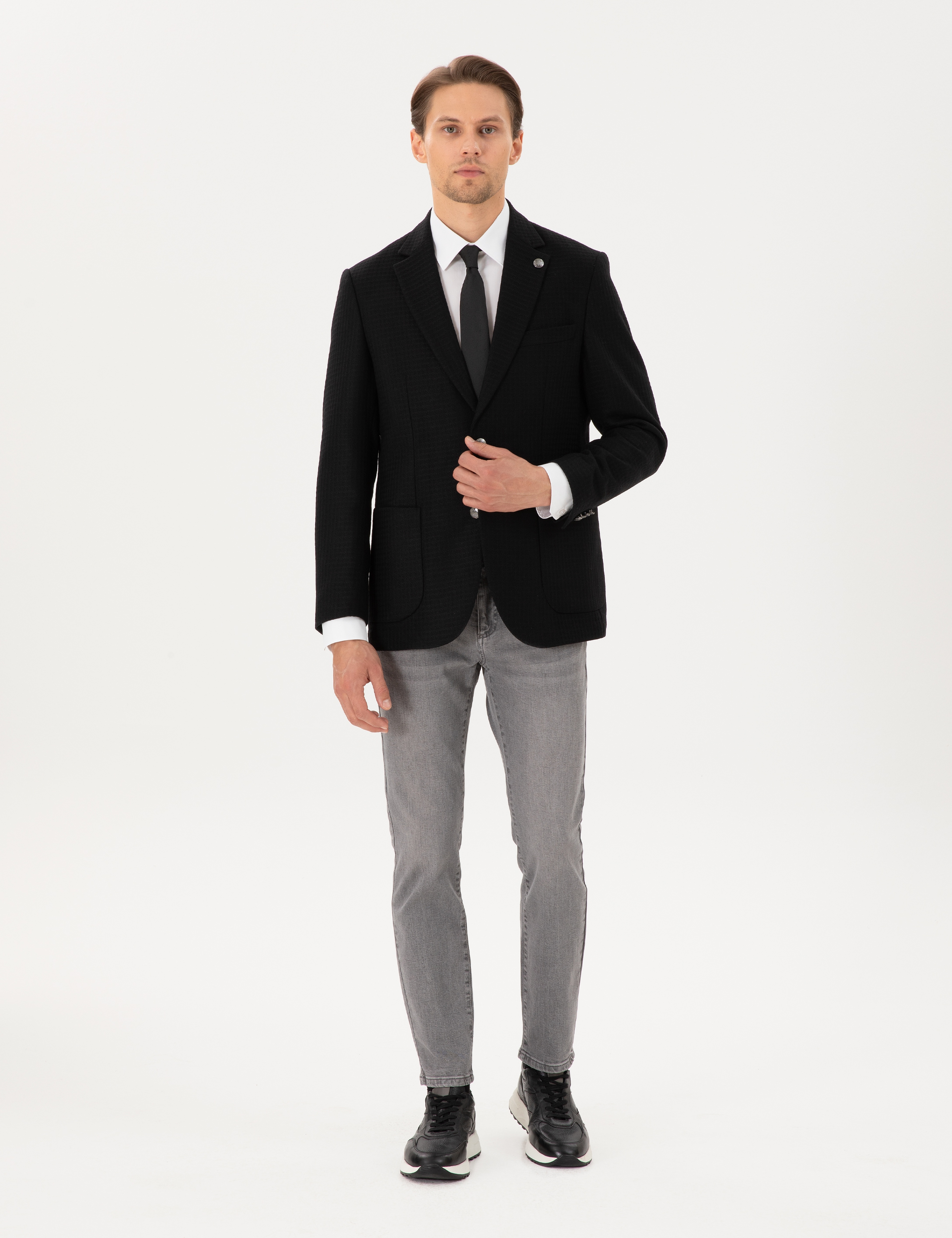 Siyah Yün Karışımlı Slim Fit Ceket