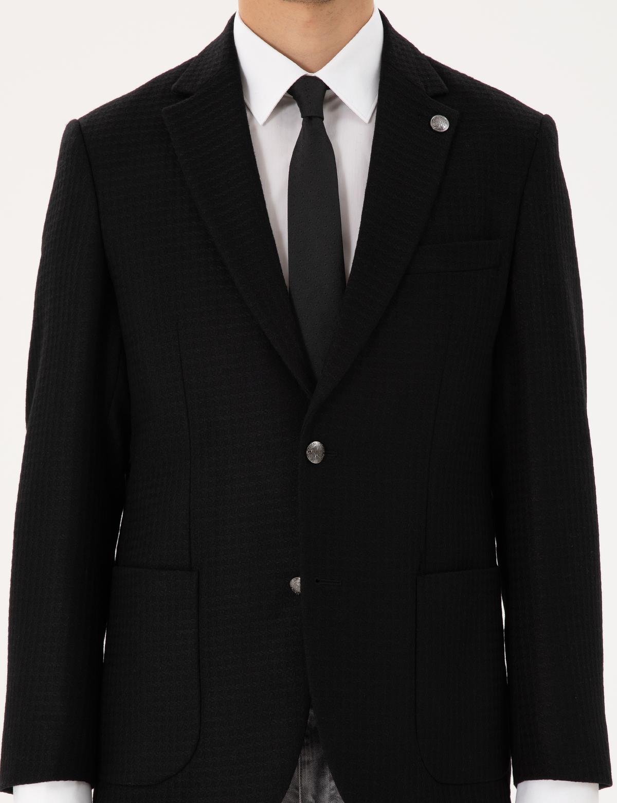 Siyah Yün Karışımlı Slim Fit Ceket - 50291938008