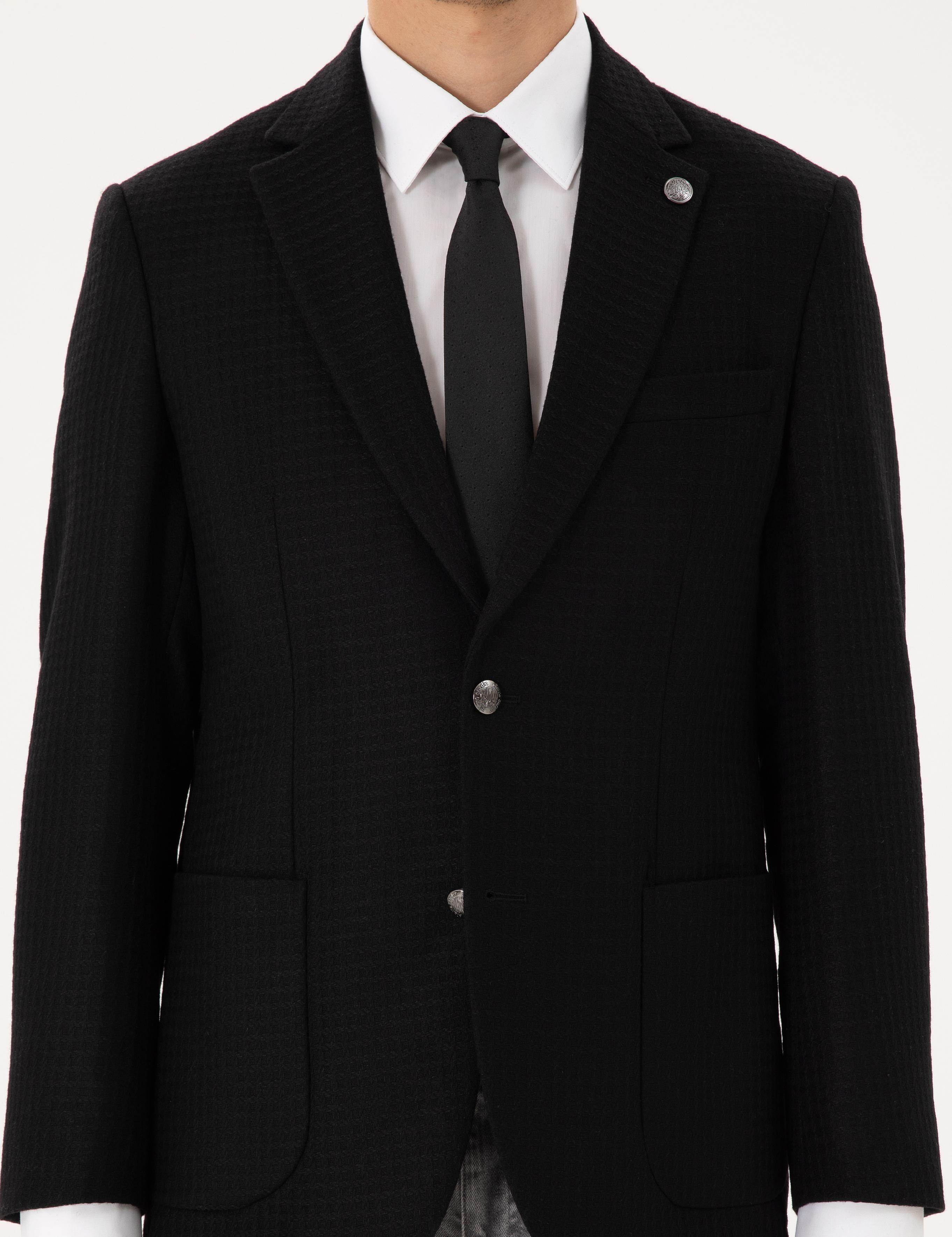 Siyah Yün Karışımlı Slim Fit Ceket