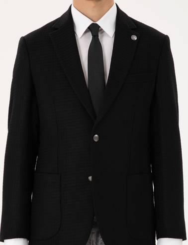 Siyah Yün Karışımlı Slim Fit Ceket