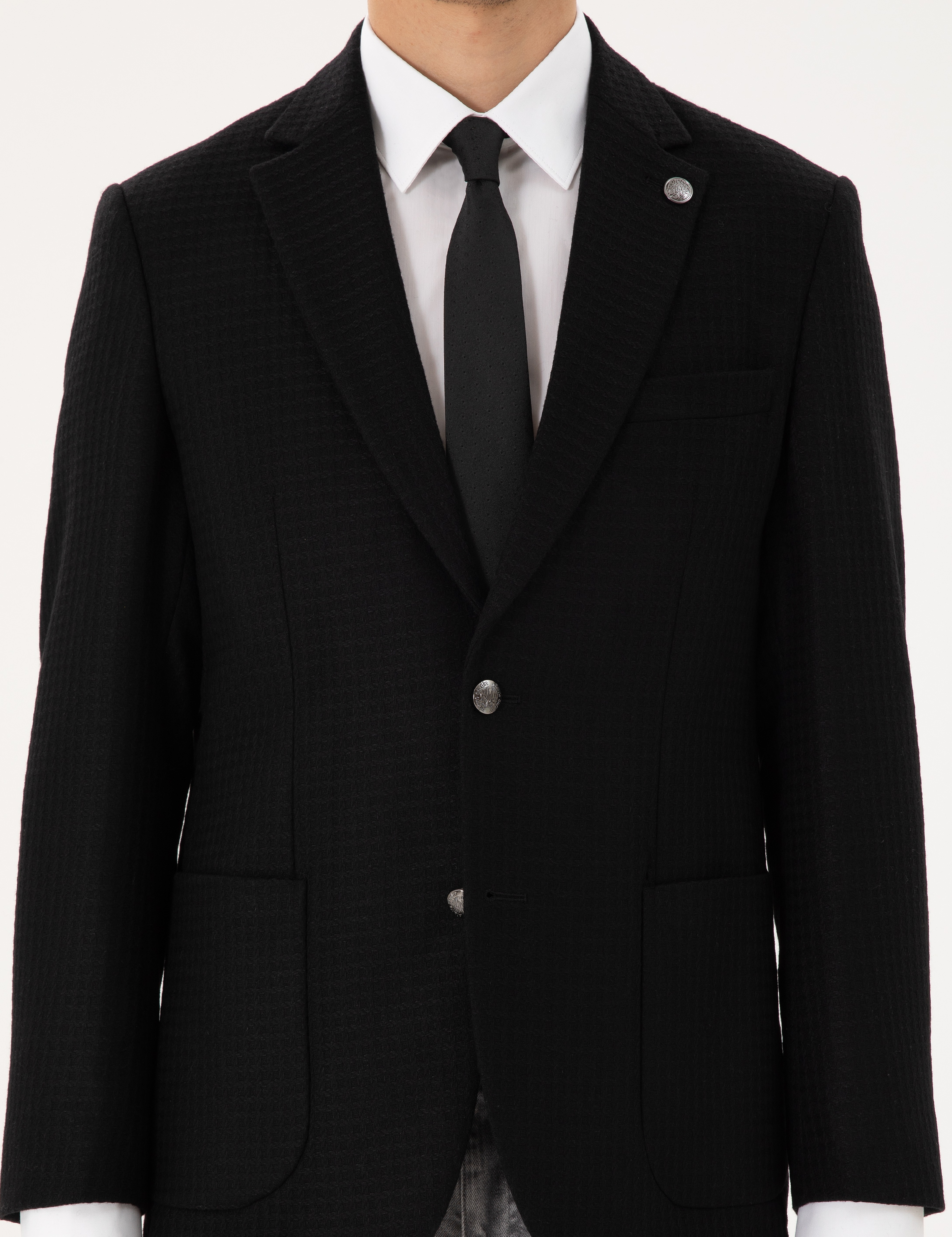 Siyah Yün Karışımlı Slim Fit Ceket - Image 7