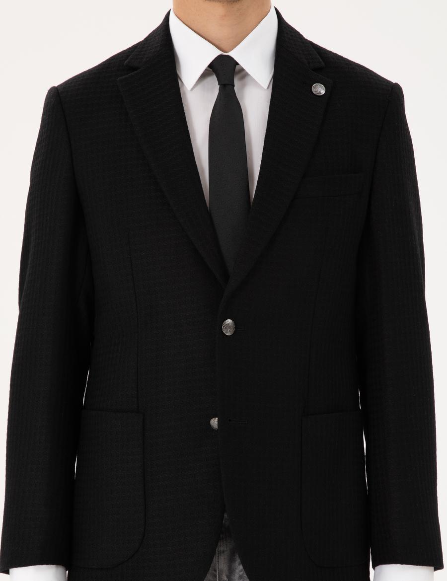 Siyah Yün Karışımlı Slim Fit Ceket