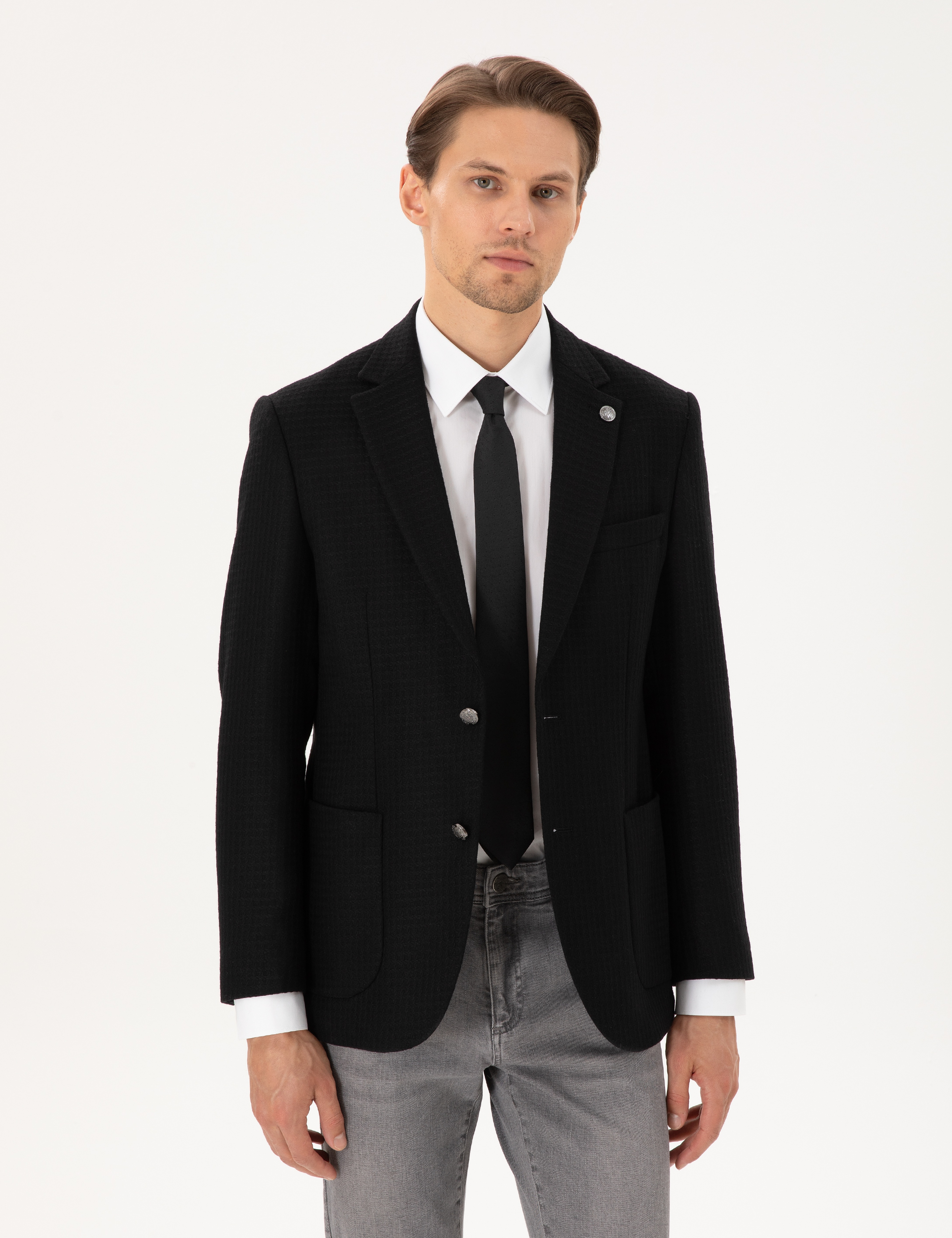 Siyah Yün Karışımlı Slim Fit Ceket - Image 1