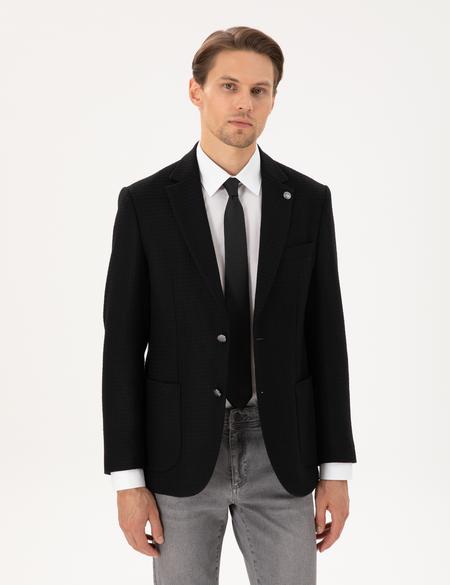 Siyah Yün Karışımlı Slim Fit Ceket - 50291938008